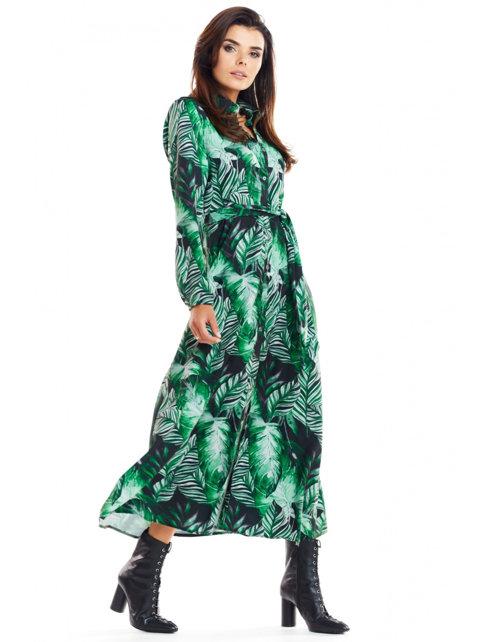 Elegancka Sukienka w Kolorze Zielonym z Wysmakowanym Printem – Ponadczasowa Elegancja - prawo