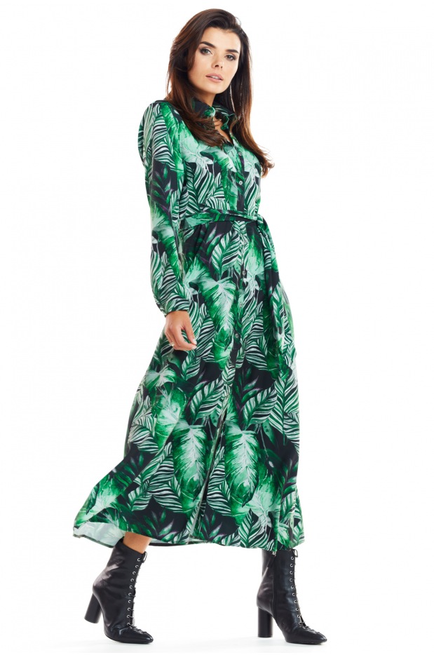 Sukienka koszulowa maxi z długim rękawem w zielony print - prawo