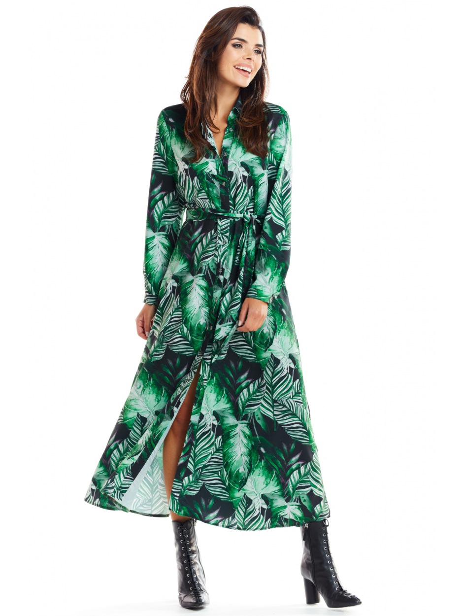 Elegancka Sukienka w Kolorze Zielonym z Wysmakowanym Printem – Ponadczasowa Elegancja - góra