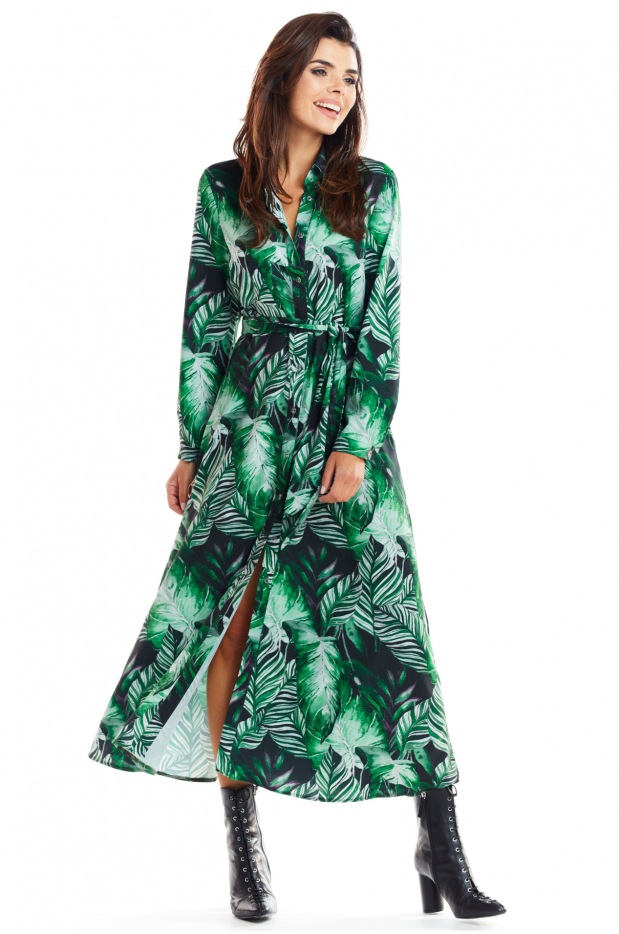 Elegancka Sukienka w Kolorze Zielonym z Wysmakowanym Printem – Ponadczasowa Elegancja - góra