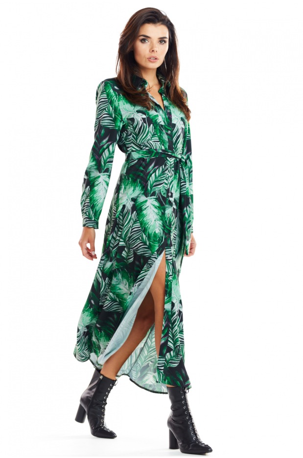 Sukienka koszulowa maxi z długim rękawem w zielony print - dół