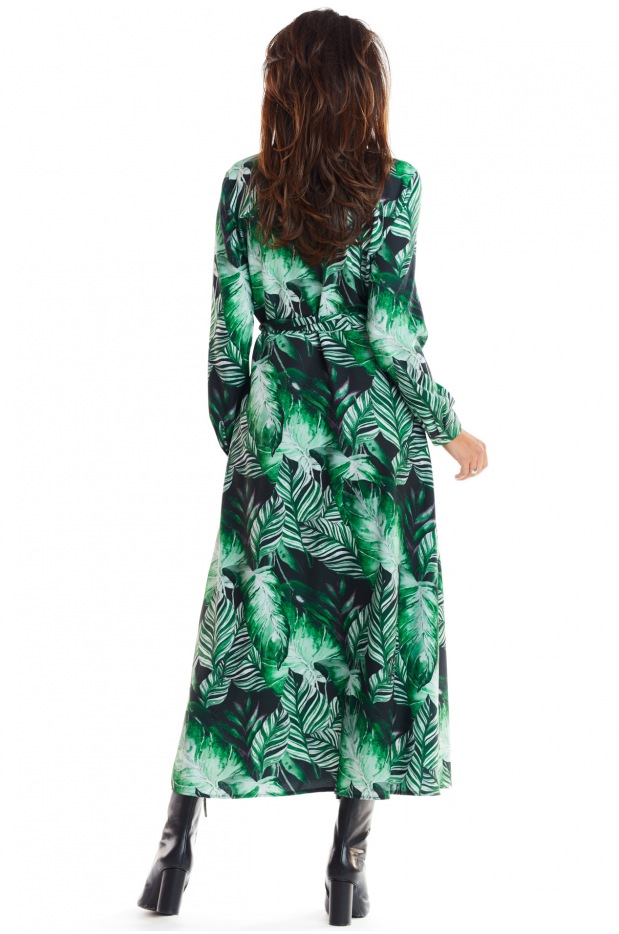 Sukienka koszulowa maxi z długim rękawem w zielony print - detal