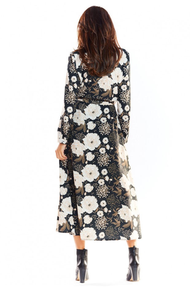 Beżowo-brązowa Sukienka Maxi z Kwiatowym Printem – Harmonia Elegancji i Wysmakowanego Stylu-2