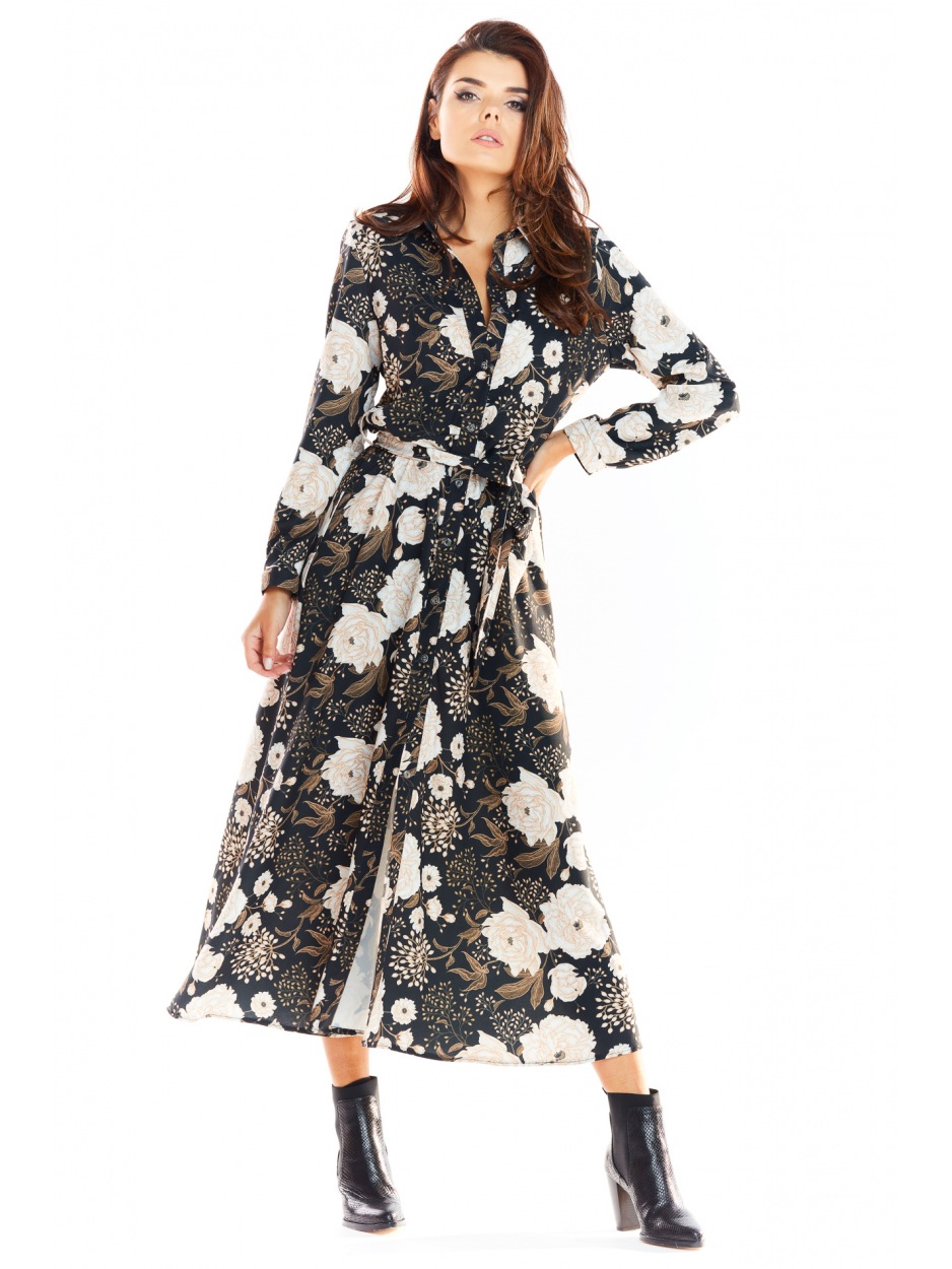 Beżowo-brązowa Sukienka Maxi z Kwiatowym Printem – Harmonia Elegancji i Wysmakowanego Stylu