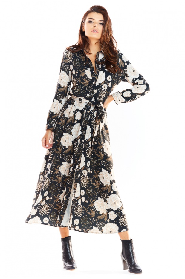 Beżowo-brązowa Sukienka Maxi z Kwiatowym Printem – Harmonia Elegancji i Wysmakowanego Stylu-5