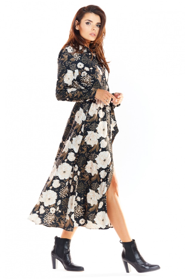 Beżowo-brązowa Sukienka Maxi z Kwiatowym Printem – Harmonia Elegancji i Wysmakowanego Stylu-6