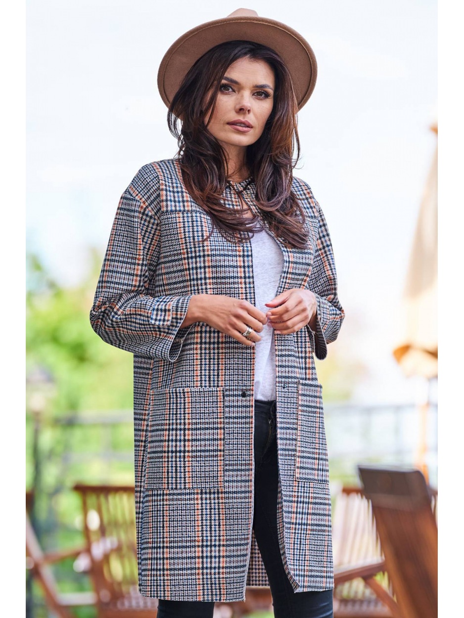Elegancja i Komfort: Granatowy Płaszcz w Modną Kratę z Praktycznymi Detalami - tył