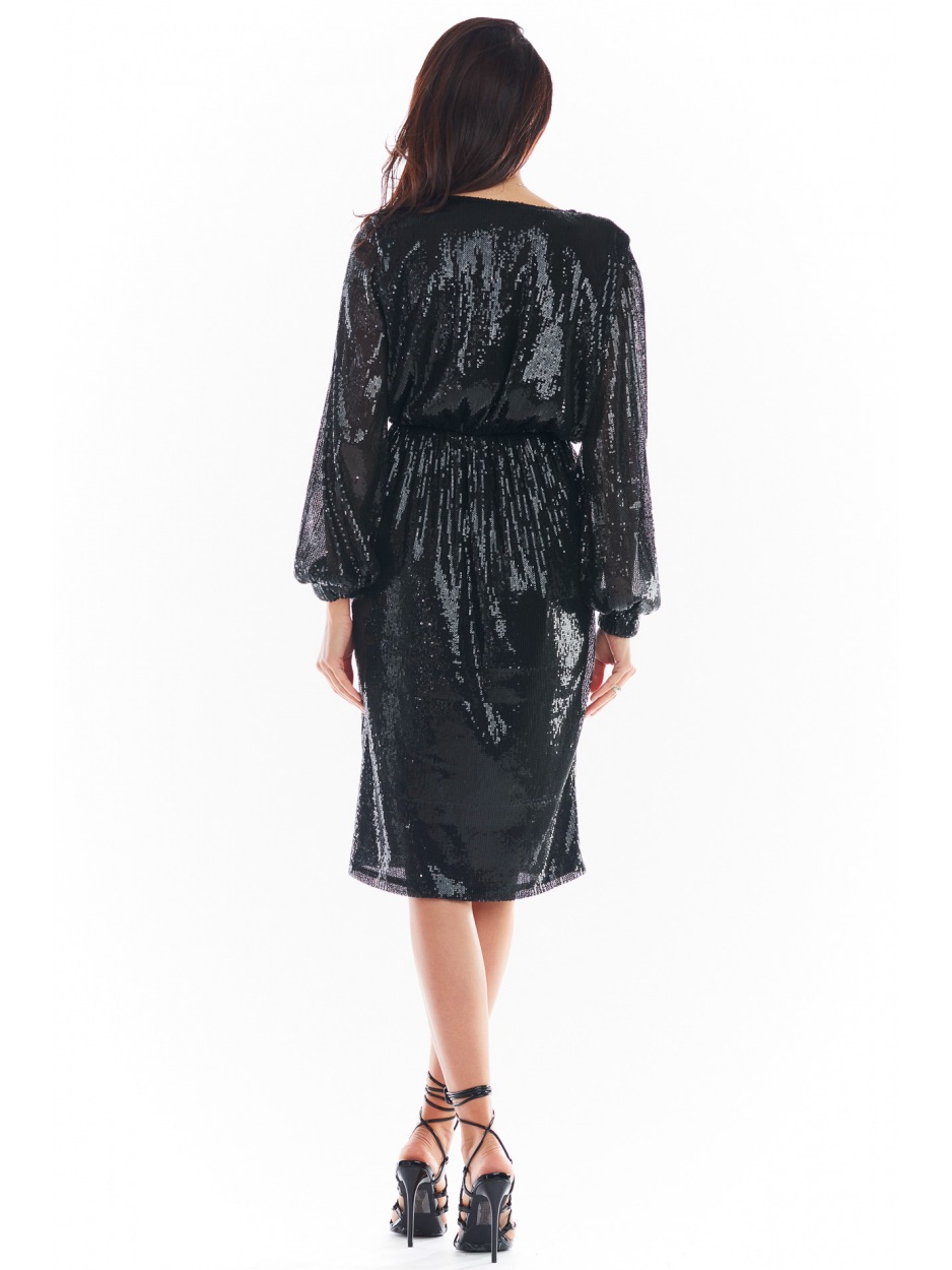 Asymetryczna, kopertowa sukienka cekinowa wieczorowa midi , czarna - tył
