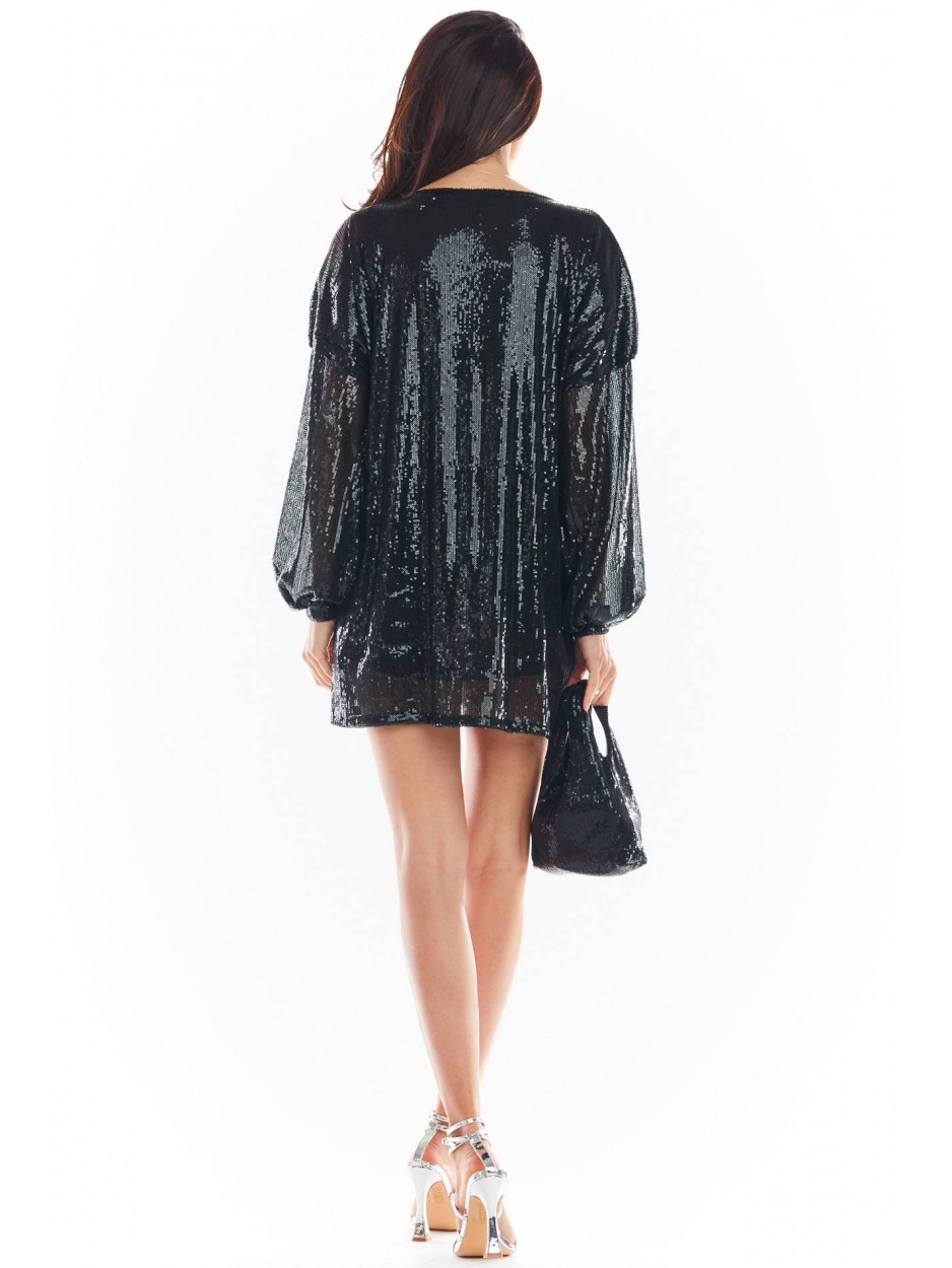 Luźna sukienka cekinowa mini z długimi rękawami i przewiązaniem w talii, czarna - tył