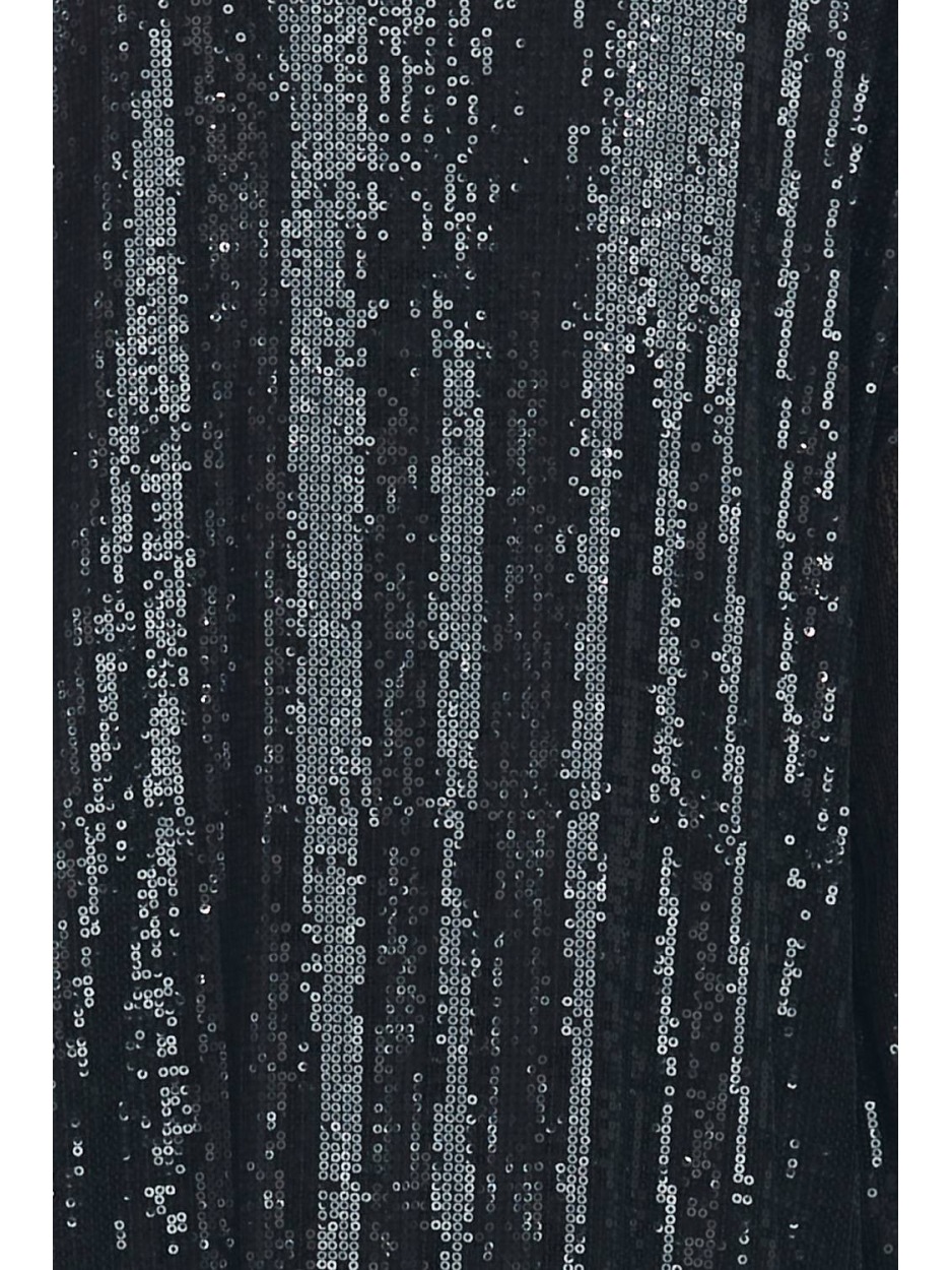 Luźna sukienka cekinowa mini z długimi rękawami i przewiązaniem w talii, czarna - przód