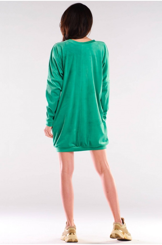 Sukienka welurowa mini z dekoltem V i długimi rękawami, zielona - detal