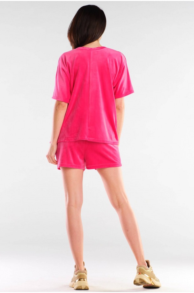 Oversizowa Bluzka Welurowa z Krótkim Rękawem Różowa Delikatność – Subtelność i Urok W Kolorze Różowym - tył