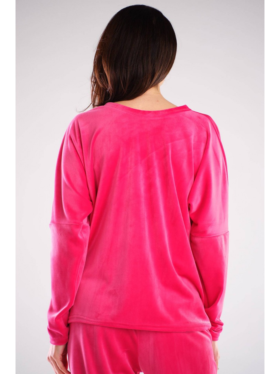 Różowa Ekstrawagancja - Intensywna Welurowa Bluza z Luźnym Krojem - lewo