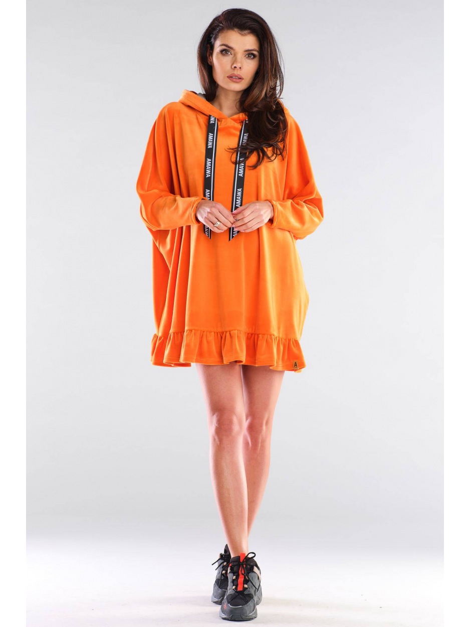 Oversizowa, kimonowa bluza welurowa z kapturem i falbaną, pomarańczowa - przód