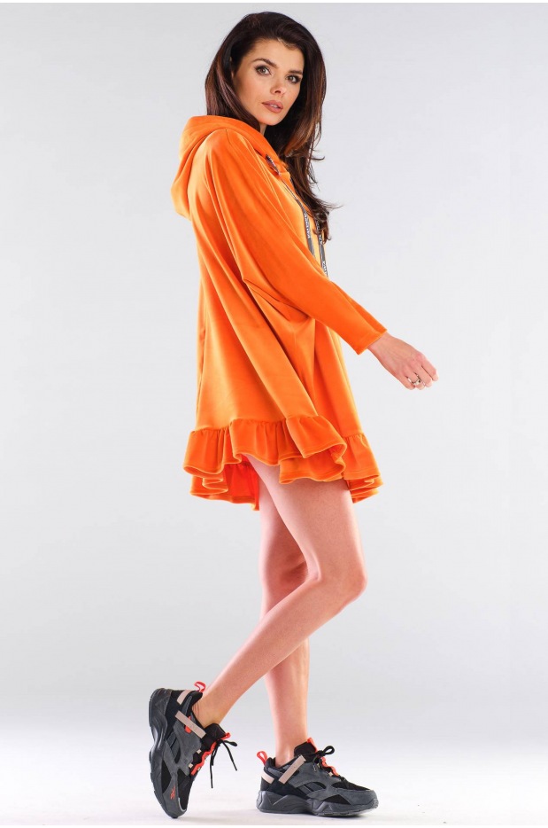 Oversizowa, kimonowa bluza welurowa z kapturem i falbaną, pomarańczowa - bok