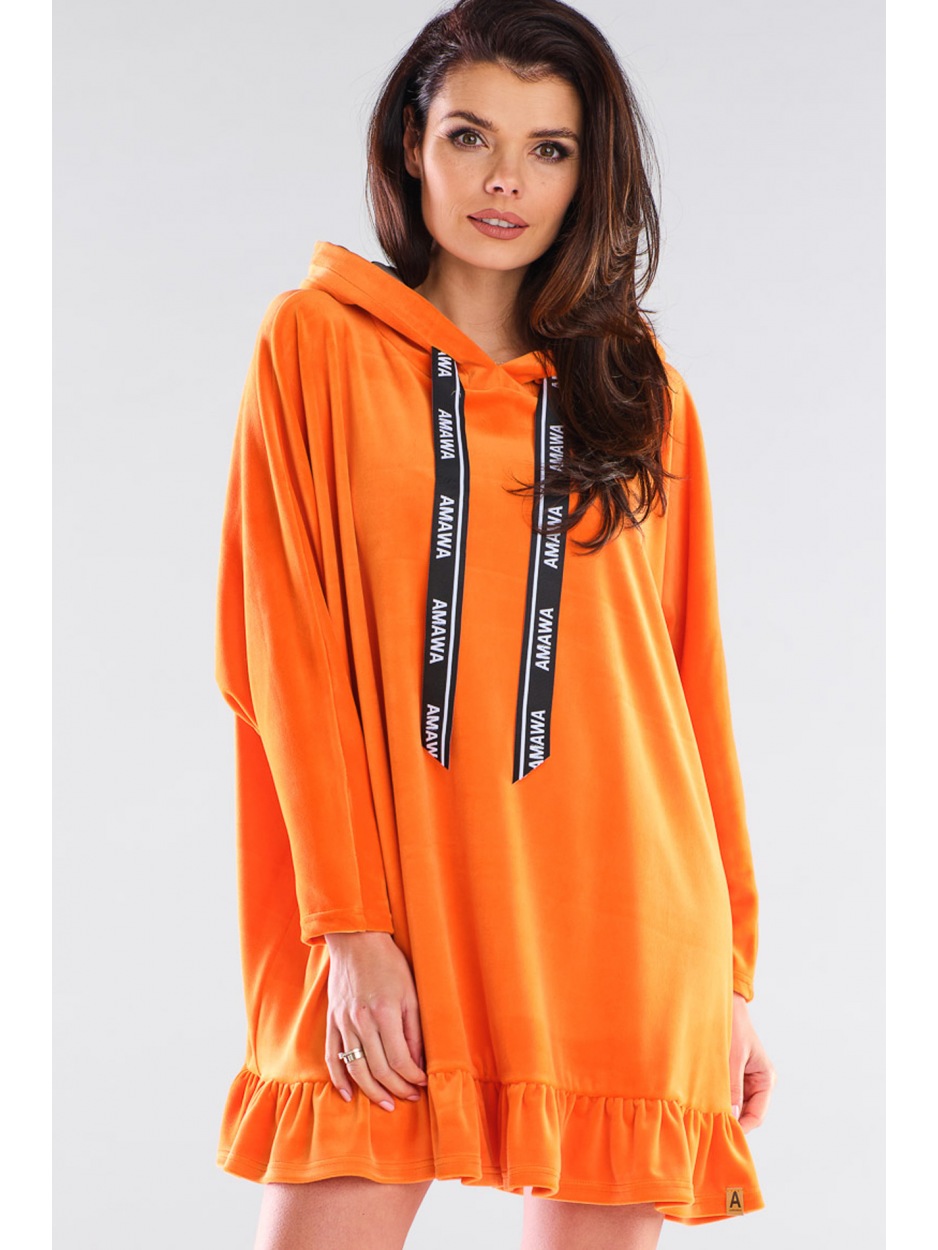 Oversizowa, kimonowa bluza welurowa z kapturem i falbaną, pomarańczowa - prawo