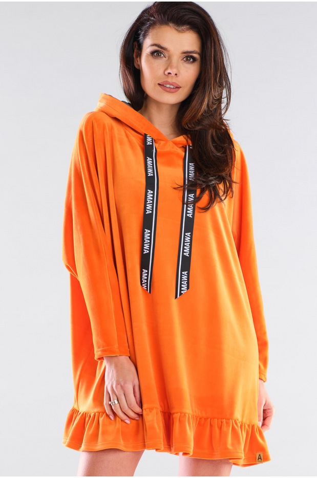 Oversizowa, kimonowa bluza welurowa z kapturem i falbaną, pomarańczowa - prawo