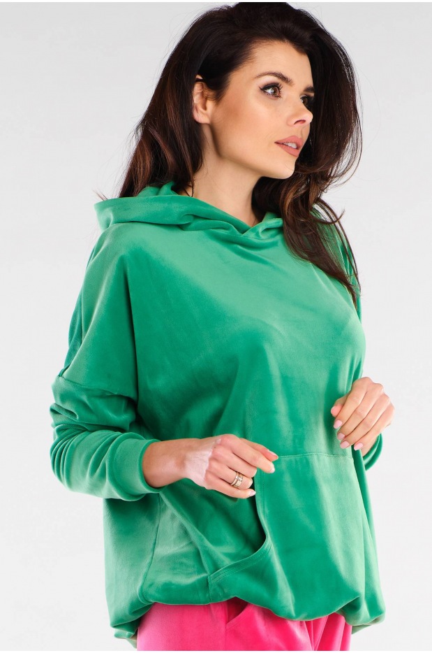 Oversizowa, wygodna, ciepła bluza welurowa z kapturem i kieszenią kangurkiem, zielona - przód