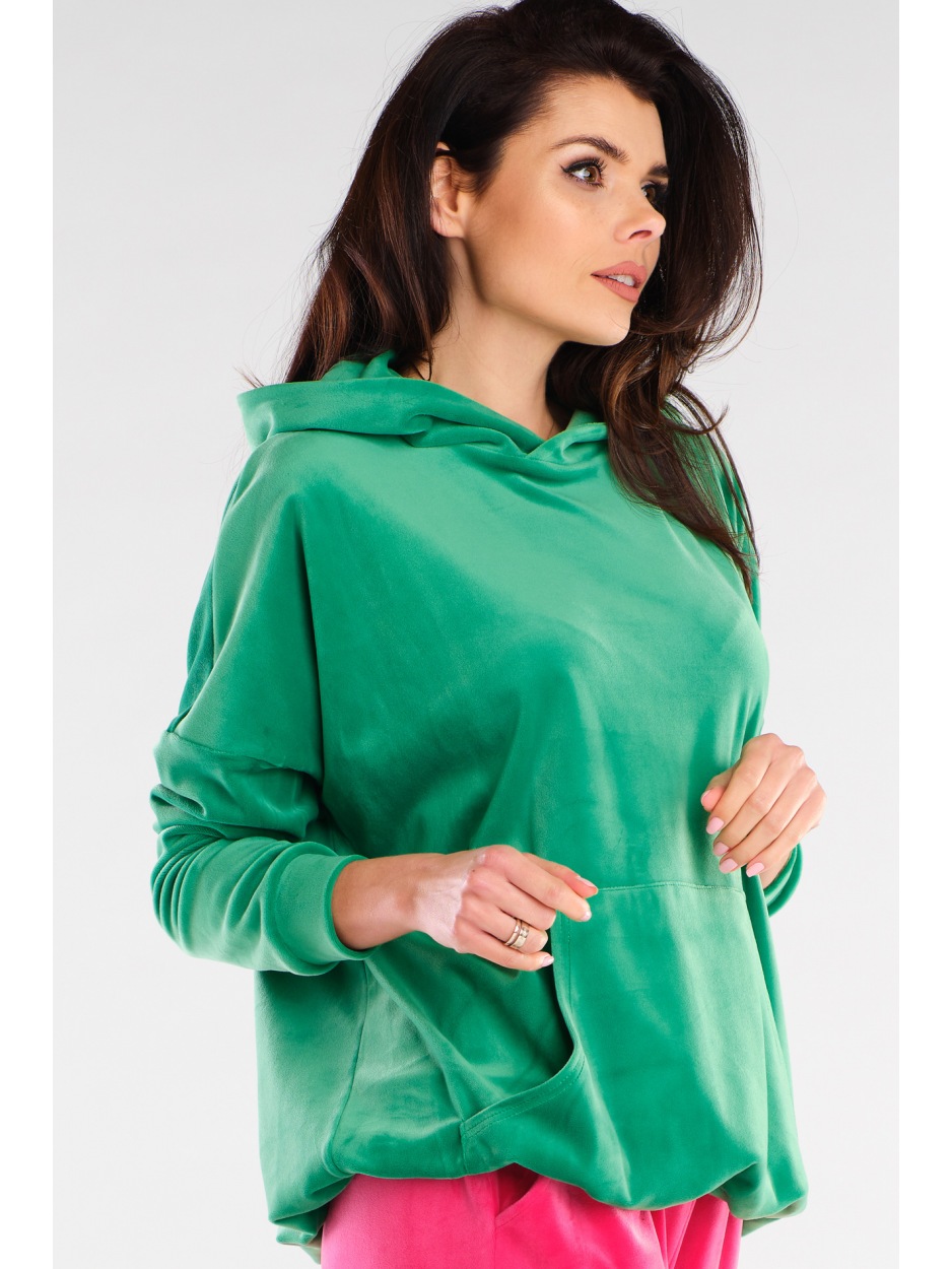 Oversizowa, wygodna, ciepła bluza welurowa z kapturem i kieszenią kangurkiem, zielona - detal