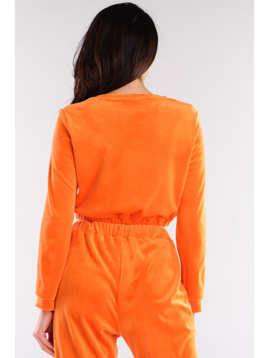 Dopasowana bluzka crop top z długimi rękawami z weluru, pomarańczowa - tył