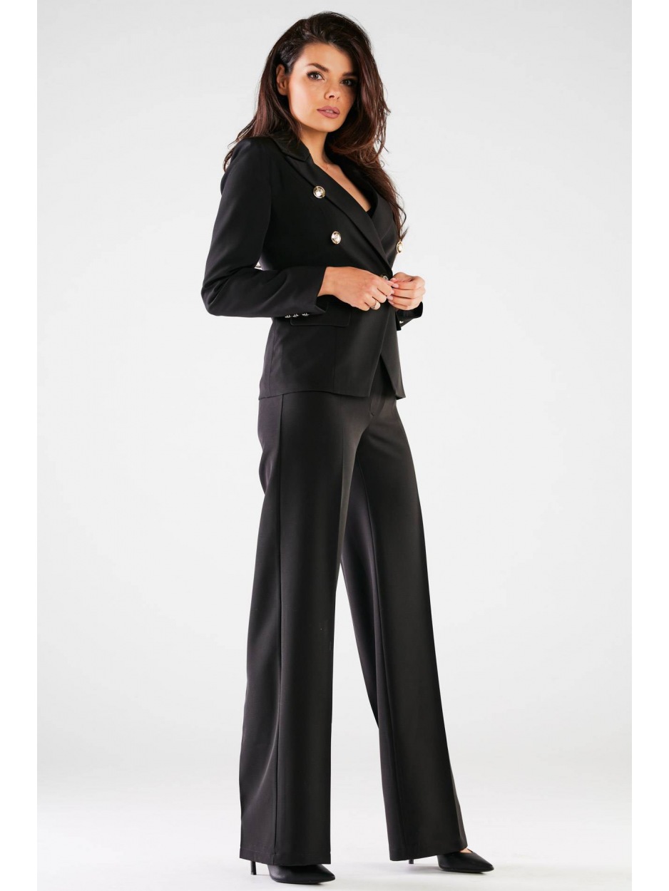 Eleganckie spodnie  wysokim stanem i szerokimi nogawkami na kant, czarne - bok