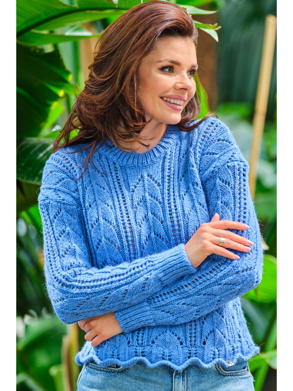 Sweter Ponadczasowy Krój – Uniwersalność Stylizacji, Delikatne ściągacze, Intensywna Niebieskość - lewo