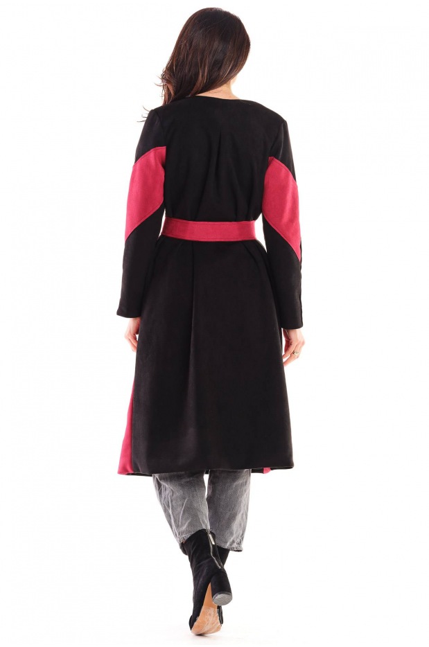 Elegancki płaszcz wiązany w talii z asymetrycznymi cięciami na jesień, bordowo-czarny - bok