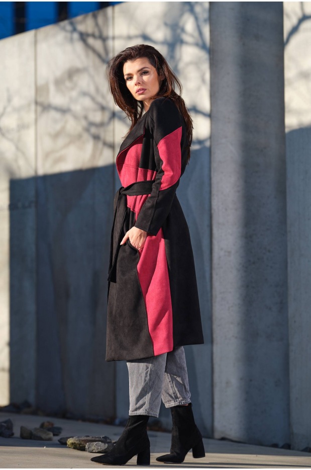 Elegancki płaszcz wiązany w talii z asymetrycznymi cięciami na jesień, bordowo-czarny - lewo