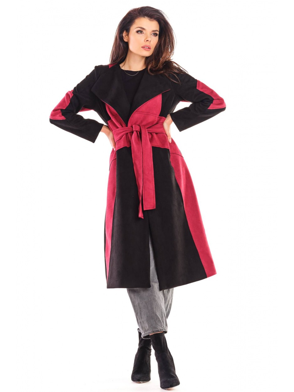 Elegancki płaszcz wiązany w talii z asymetrycznymi cięciami na jesień, bordowo-czarny - góra