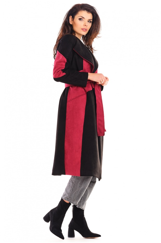 Elegancki płaszcz wiązany w talii z asymetrycznymi cięciami na jesień, bordowo-czarny - tył