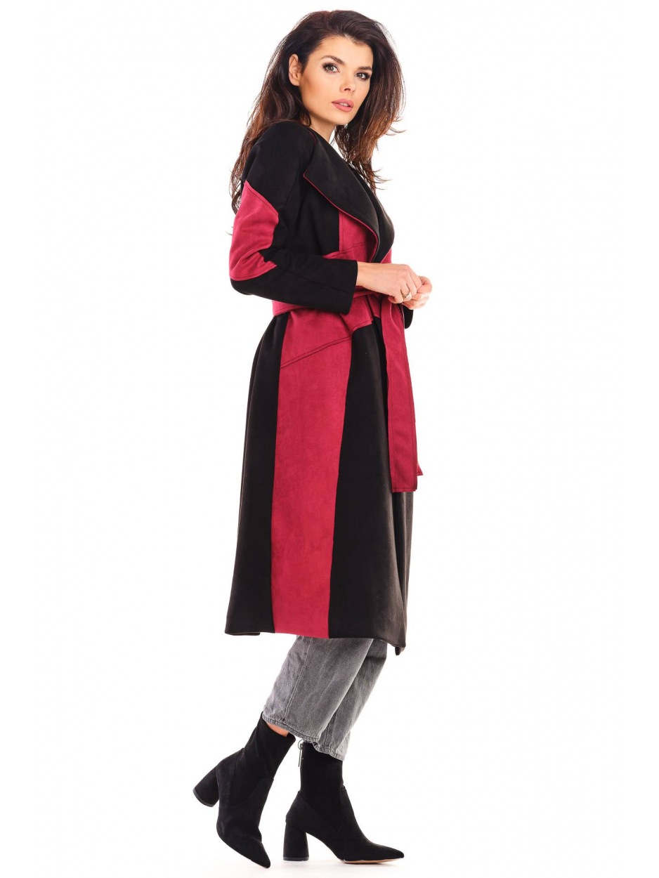 Elegancki płaszcz wiązany w talii z asymetrycznymi cięciami na jesień, bordowo-czarny - przód