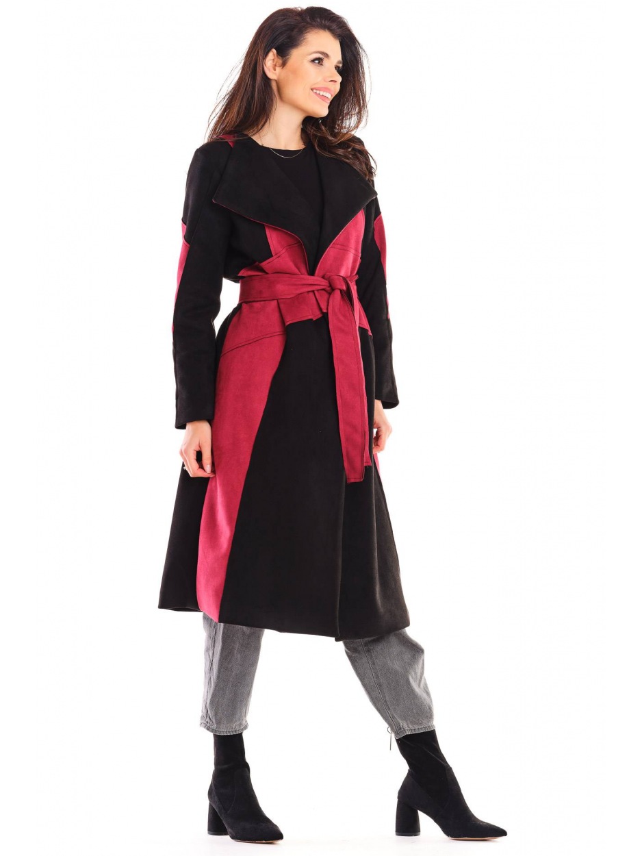 Elegancki płaszcz wiązany w talii z asymetrycznymi cięciami na jesień, bordowo-czarny - bok