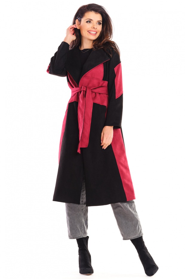 Elegancki płaszcz wiązany w talii z asymetrycznymi cięciami na jesień, bordowo-czarny - góra