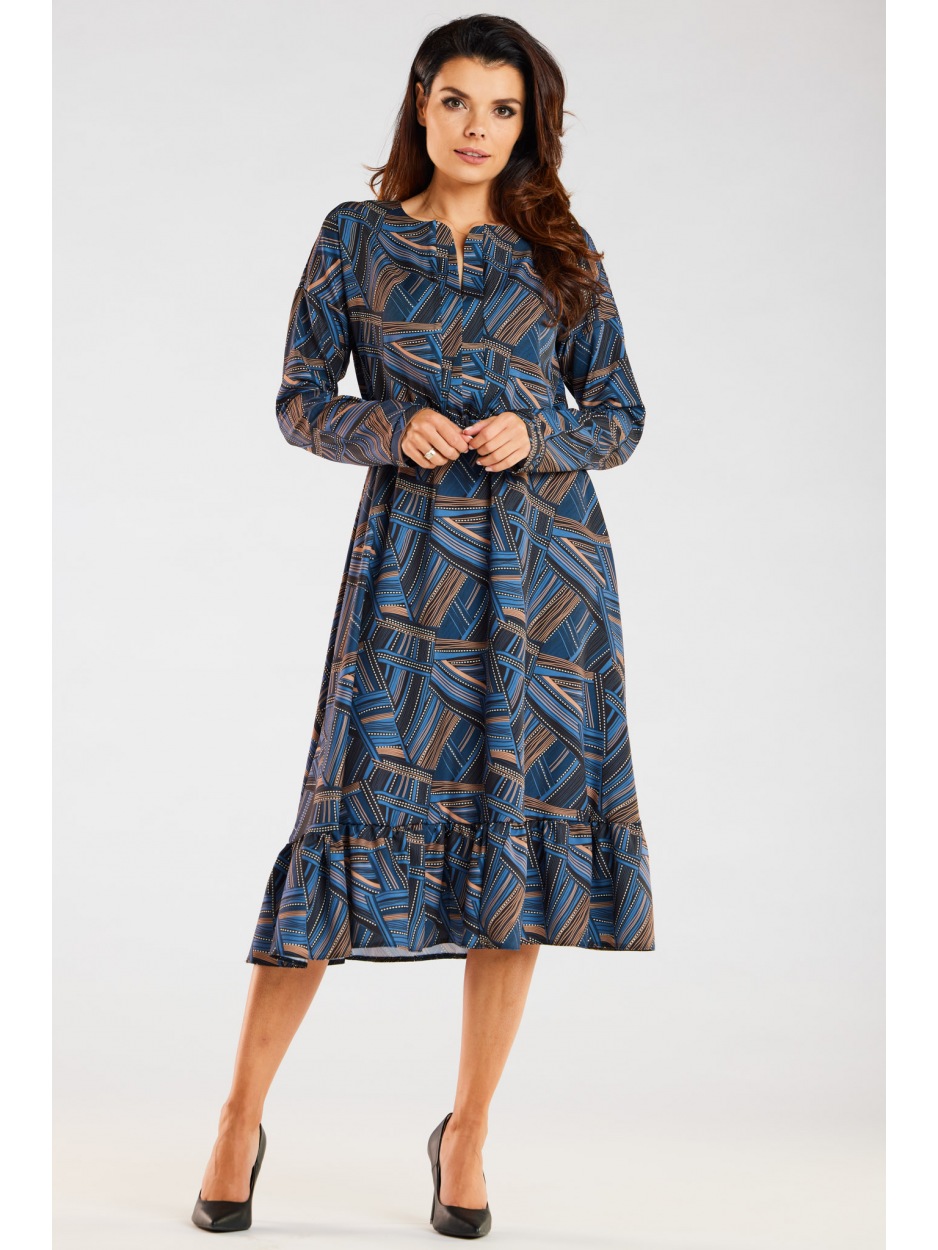 Sukienka A468 - Kolor/wzór: Granatowo-Brązowy wzór - przód