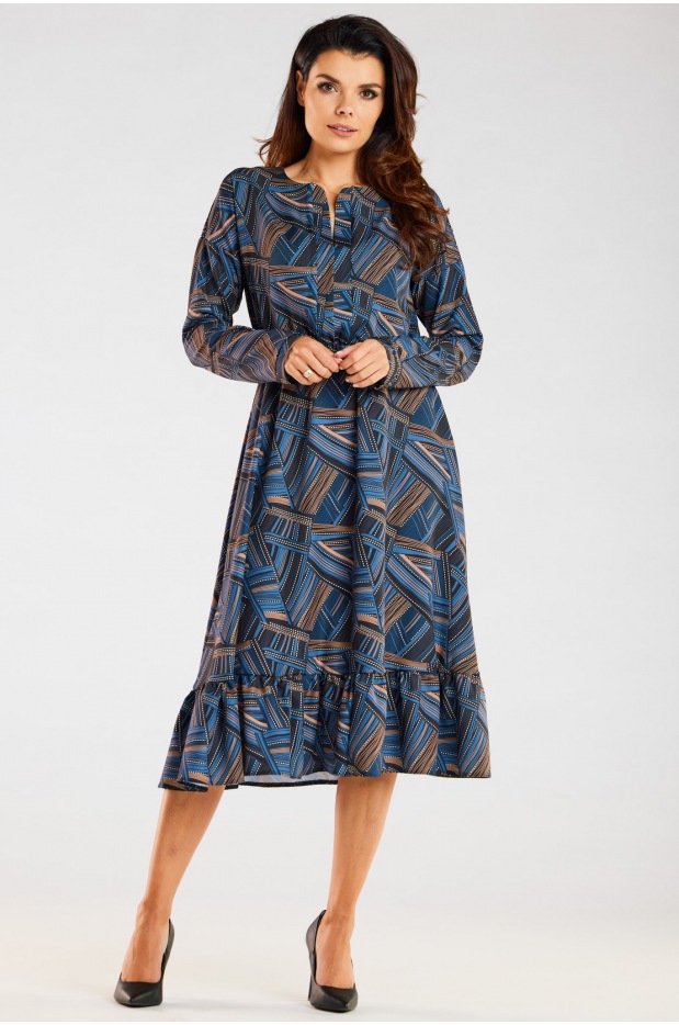 Sukienka A468 - Kolor/wzór: Granatowo-Brązowy wzór - przód