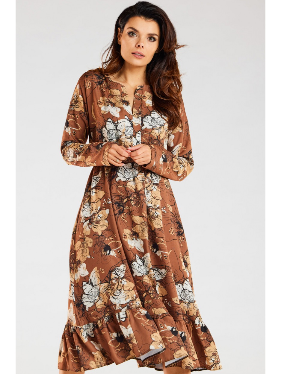 Sukienka midi z długimi rękawami, karmelowy wzór - przód