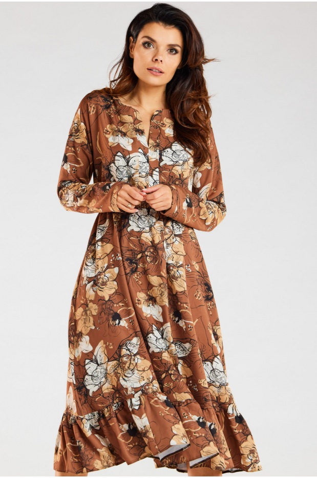 Sukienka midi z długimi rękawami, karmelowy wzór - przód