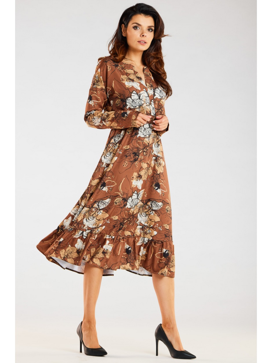 Sukienka midi z długimi rękawami, karmelowy wzór - bok