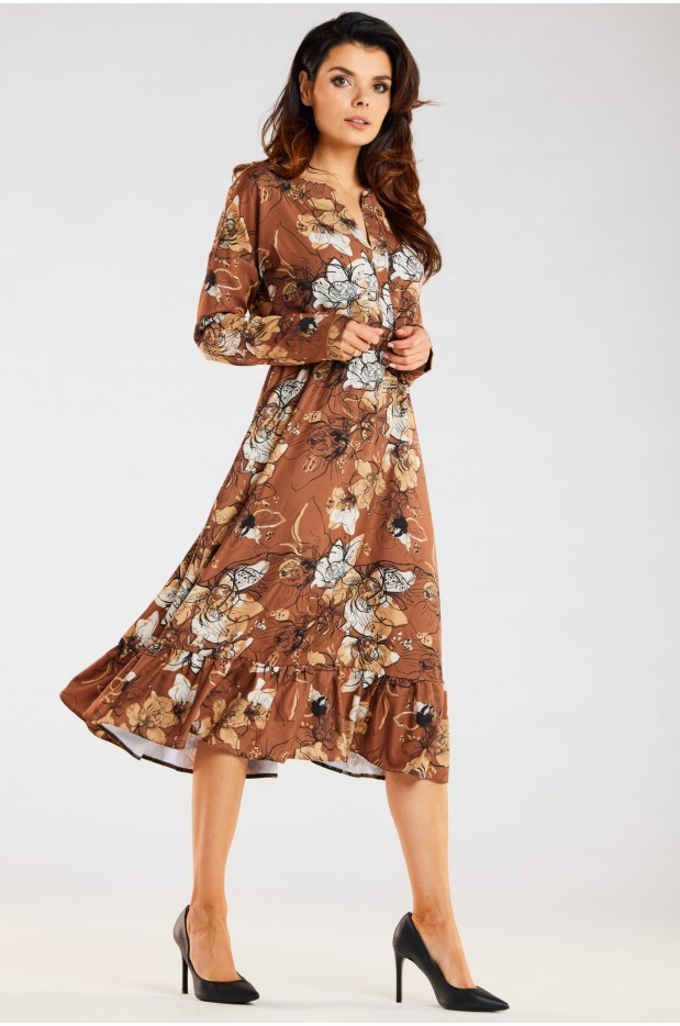 Sukienka midi z długimi rękawami, karmelowy wzór - bok