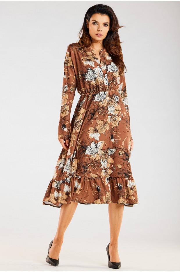Sukienka midi z długimi rękawami, karmelowy wzór - lewo