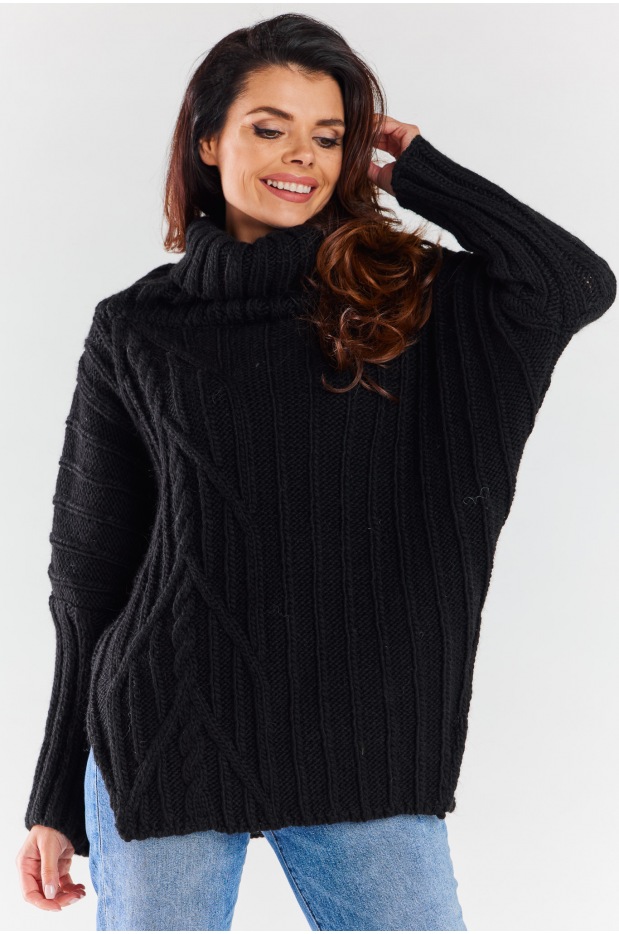 Oversizowy sweter z golfem, czarny - detal