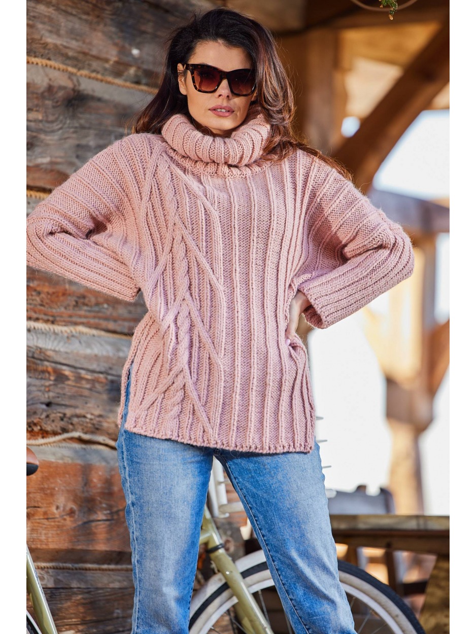 Oversizowy sweter z golfem, różowy - tył
