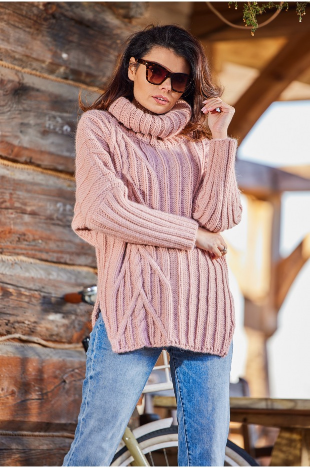 Oversizowy sweter z golfem, różowy - przód