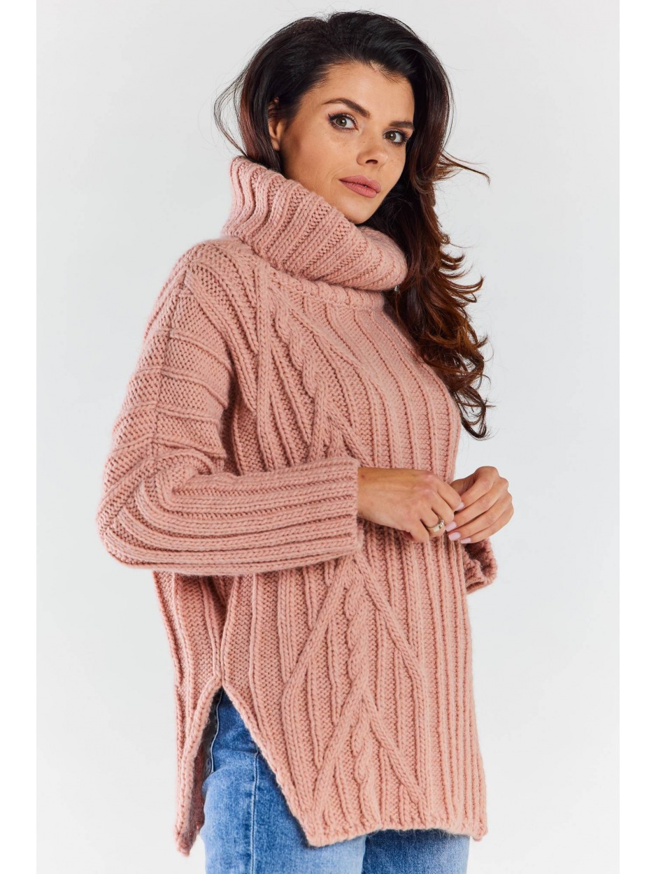 Oversizowy sweter z golfem, różowy - dół