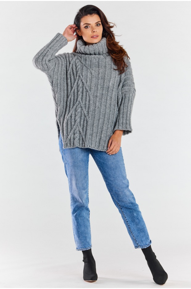 Oversizowy sweter z golfem, szary - tył