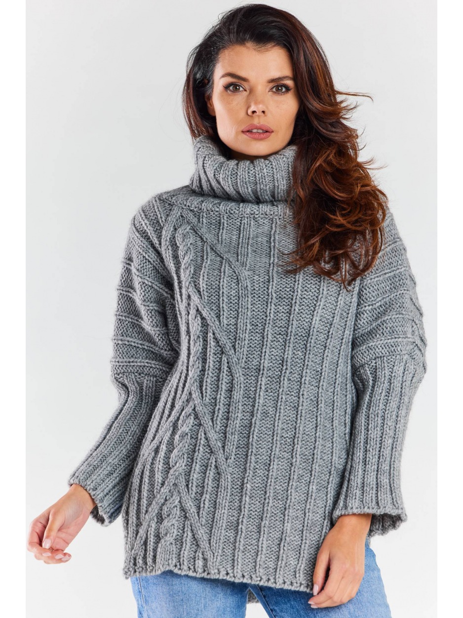 Oversizowy sweter z golfem, szary - przód