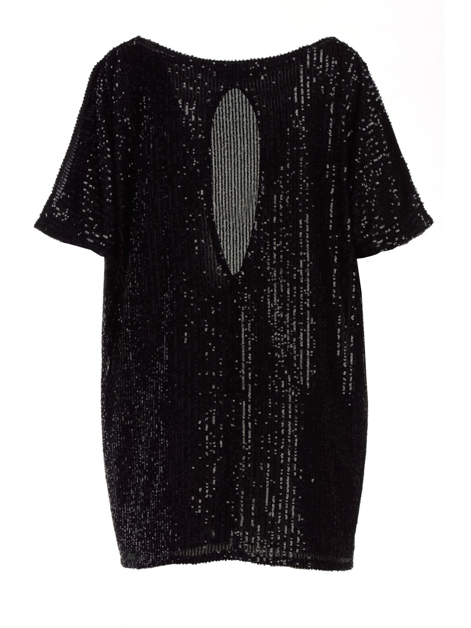 Cekinowa sukienka oversizowa mini z krótkim rękawem czarna - przód