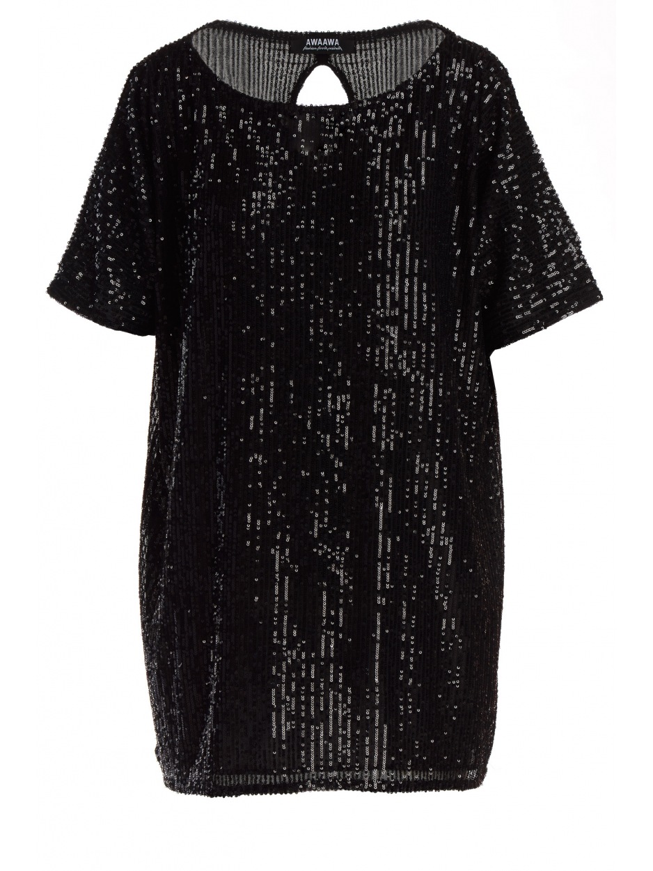 Cekinowa sukienka oversizowa mini z krótkim rękawem czarna - przód
