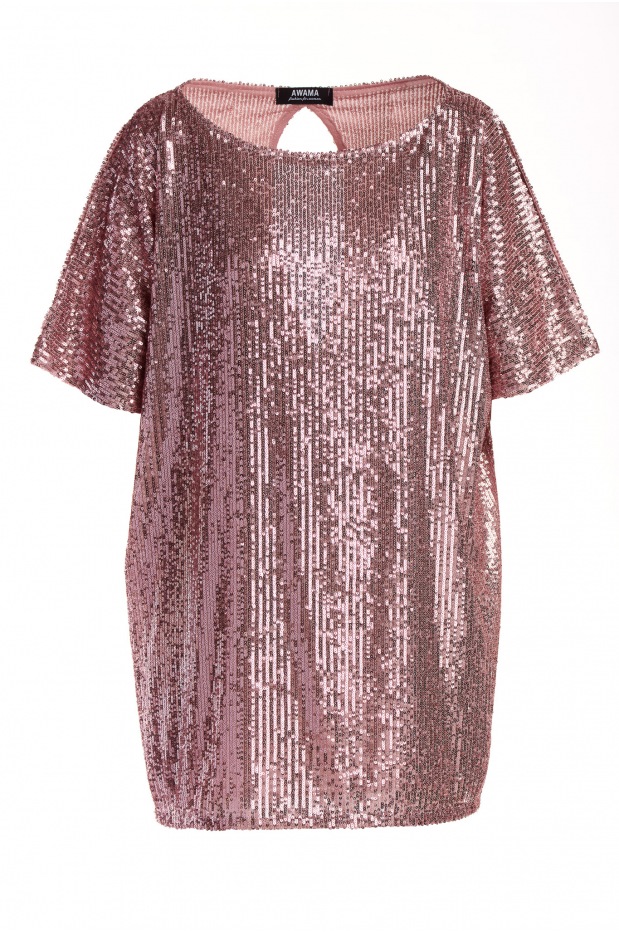 Cekinowa sukienka oversizowa mini z krótkim rękawem różowa - detal