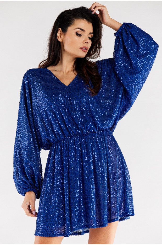 Oversizowa mini sukienka z cekinów z długimi rękawami, chabrowy niebieski - bok